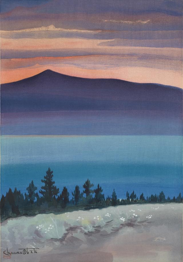 A watercolor image with trees in the foreground, mountains in the middle ground, and the sunset in the background.