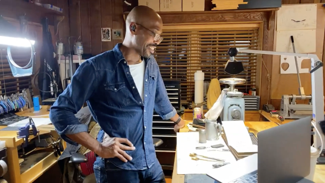 Photo of artist David Harper Clemons working in his studio.