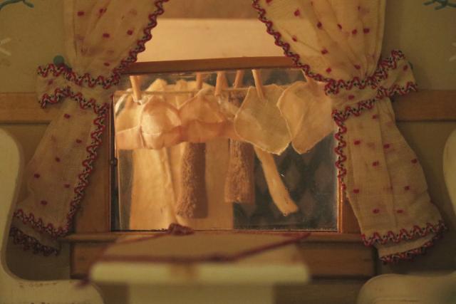 A photograph of a nutshell study of unexplained death showing a detail of a clothes line outside a kitchen window.
