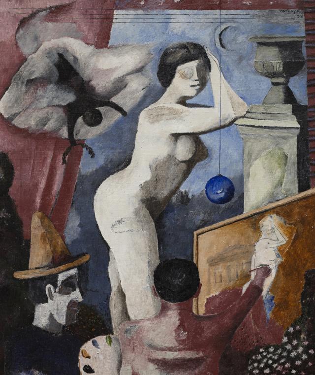 A painting of a man painting a woman. 