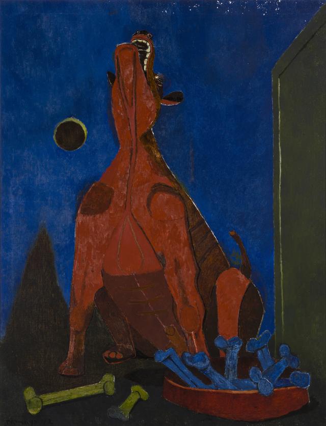 Oil on canvas of a dog barking at the moon.