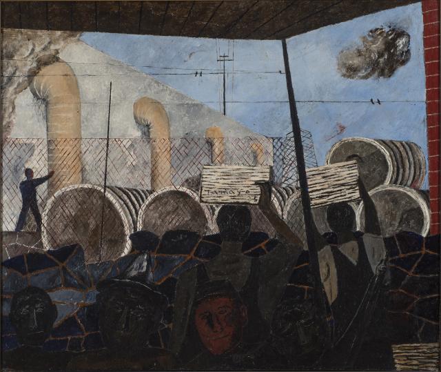 Oil on canvas of factory workers at a factory.
