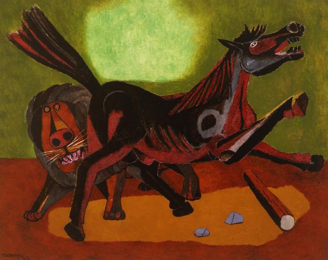 Oil on canvas of a lion and a horse. 