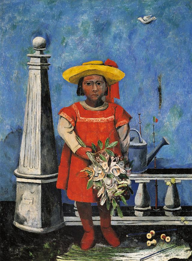 Oil on canvas of a girl with flowers. 