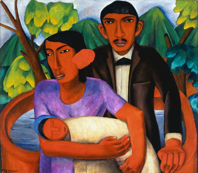 Oil on canvas of a family with a small baby. 