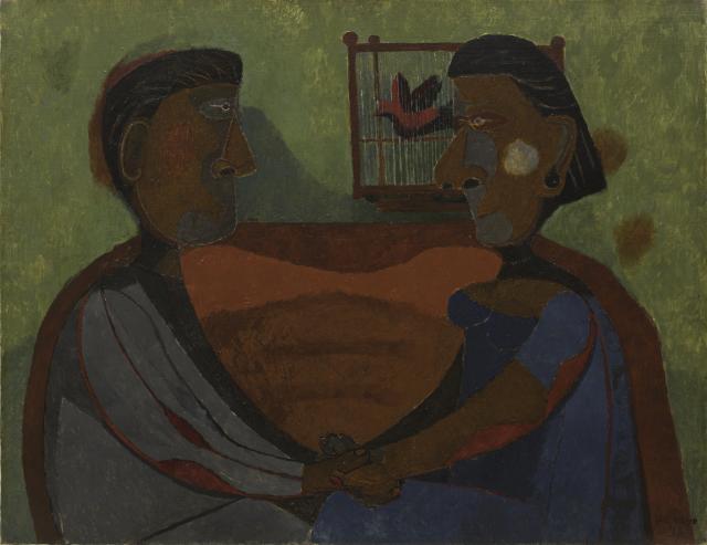 Oil on canvas of two lovers holding hands. 