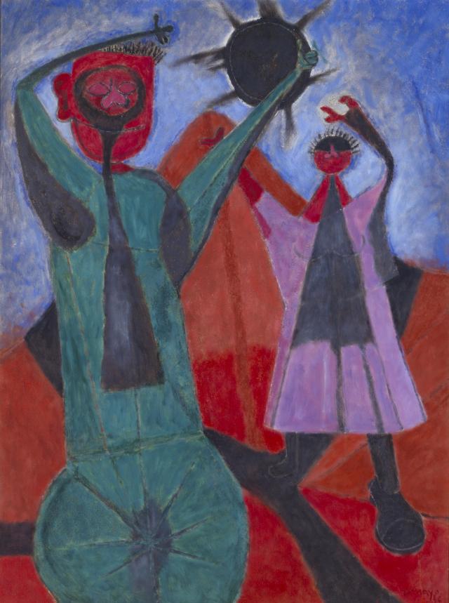 Oil on canvas of two figures and a total eclipse. 
