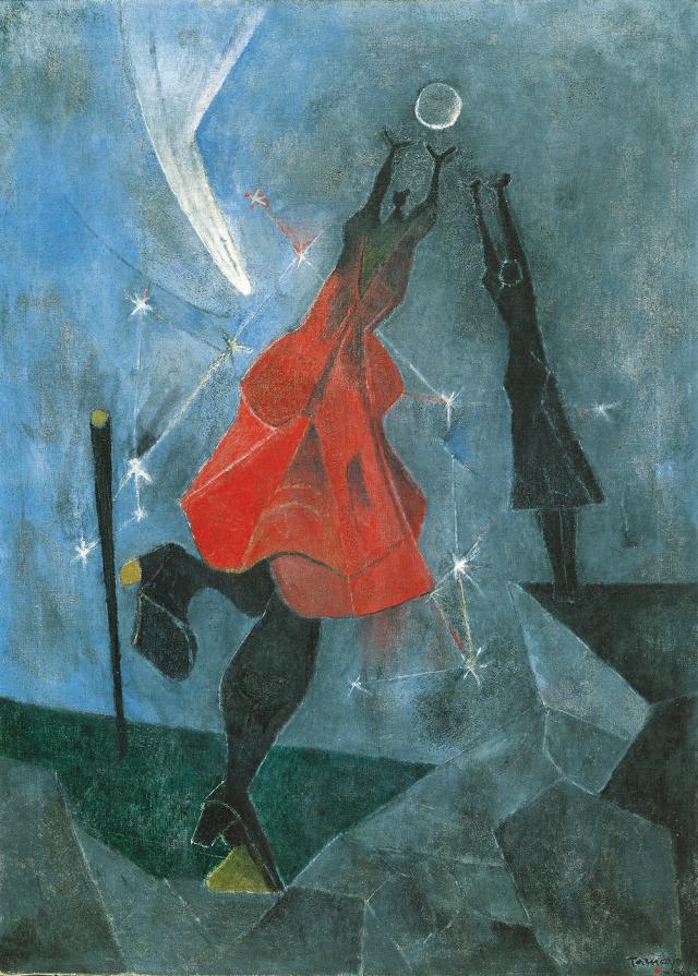 Oil on canvas of women reaching for the moon.