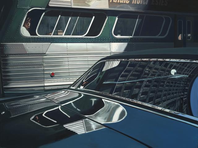 Estes' Bus with Reflection of the Flatiron Building depicting a car in the foreground and a bus in the middle ground.