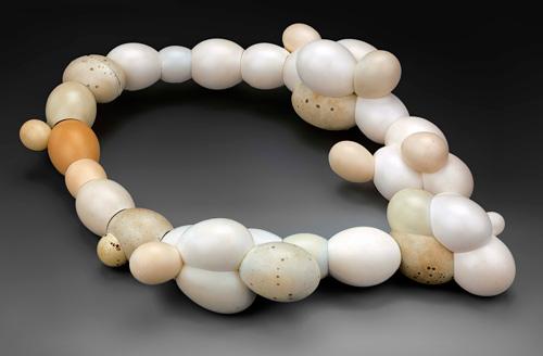 Sergey Jivetin's Poultry Accumulus made from eggs, carbon fiber, gold and steel for 40 Under 40 at the Renwick Gallery.