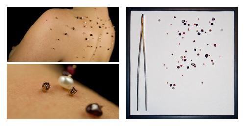 Lauren Kalman's  Blooms, Efflorescence, and Other Dermatological Embellishments made from acupuncture needles, gold-plated silver, semiprecious stones, tweezers, leatherette, plastic for 40 Under 40 at the Renwick Gallery.