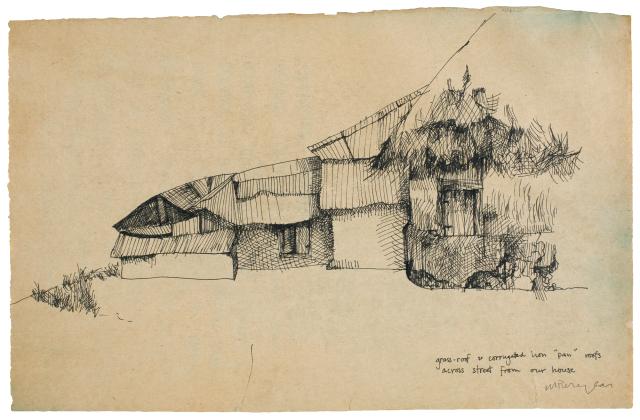 Puryear's Untitled, a drawing of a residence sketched with pen and black ink.