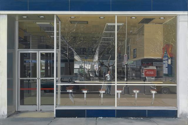 Estes' Double Self-Portrait, a painting of a building with a reflection of the street off of the glass of the building. 