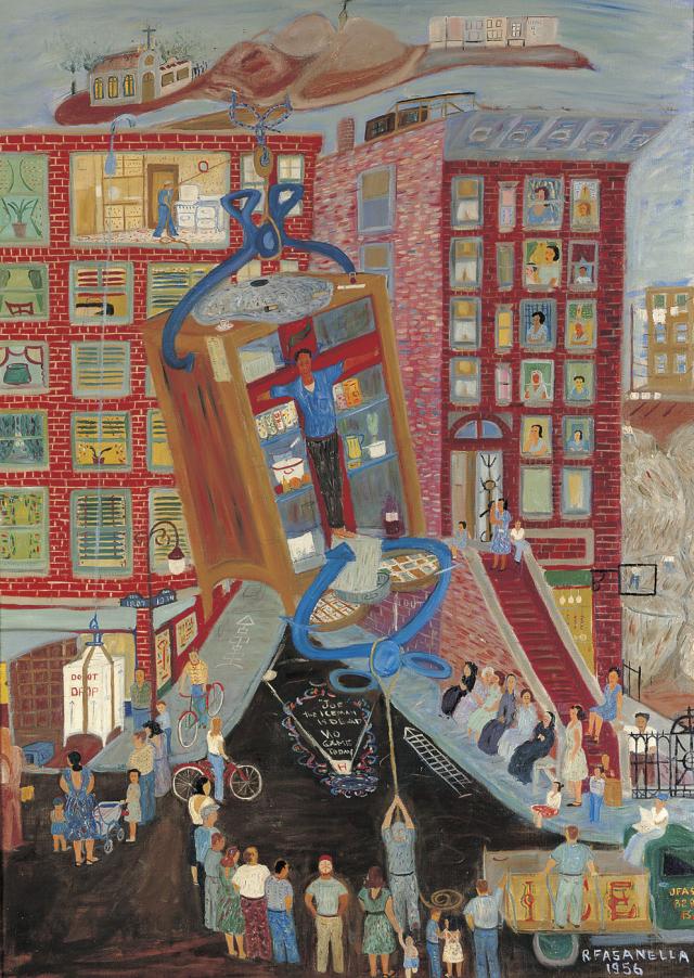 Fasanella's Iceman Crucified #3, a painting of a man being crucified in a box with people watching.