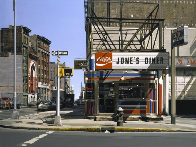 Estes' Jone's Diner, a painting of a diner in the middle of a city block.