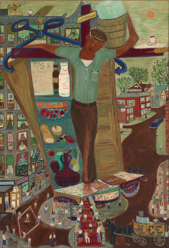 Fasanella's Iceman Crucified #4, a painting of an oversized ice man attached to a cross with people watching.
