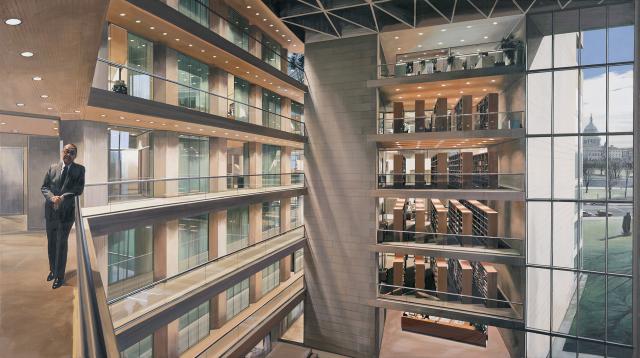 Estes' Portrait of I. M. Pei, a painting of Pei standing inside of a building with an interior opening displaying six floors.