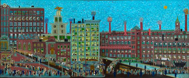 Fasanella's Meeting at the Commons: Lawrence 1912 is a painting of people outside gathering in a city.