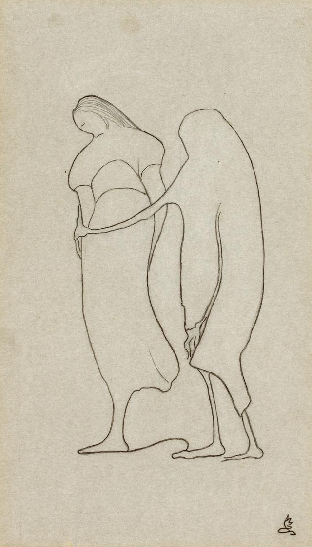 Romaine Brooks' Death and the Peasant (La Mort et la Paysanne) is a contour line drawing done with pencil of two figures.