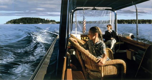 Estes' Water Taxi, Mount Desert, a painting of a girl looking out into the water with her mother in the background of the boat.