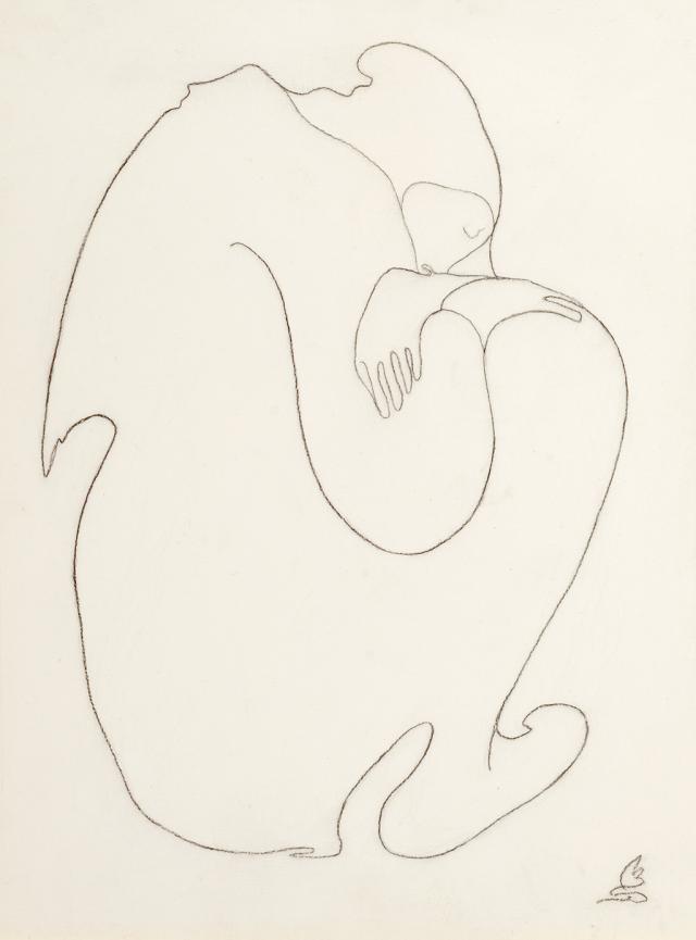 Romaine Brooks' Departure is a contour line drawing done with pencil of a figure crouched down towards the ground.
