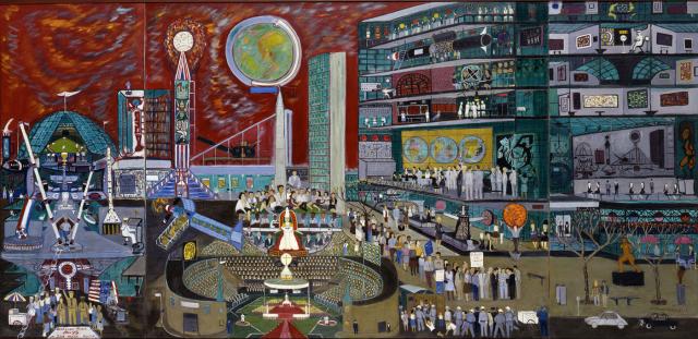 Fasanella's Modern Times, a painting showing the inside of a building as well as things happening outside.