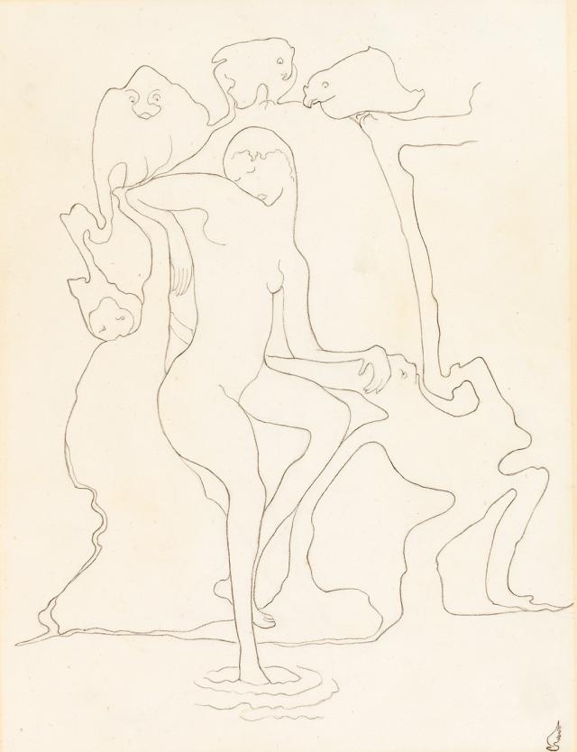 Romaine Brooks' Lethe is a contour drawing done in pencil of a figure dipping its foot in liquid with animals in the background.
