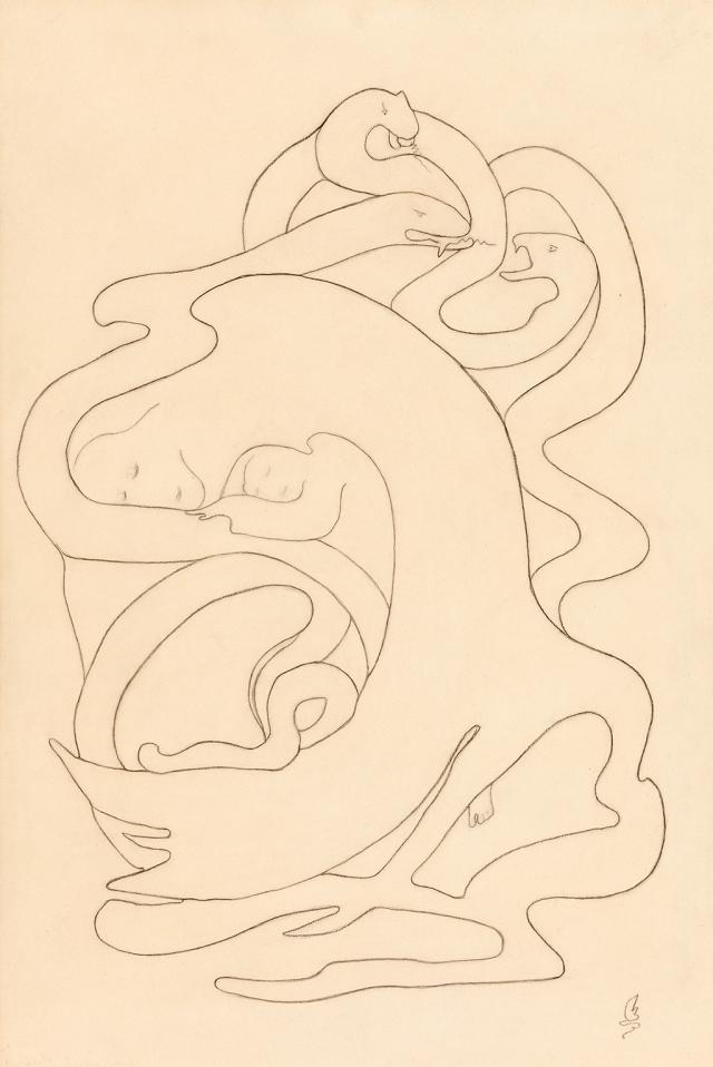 Romaine Brooks' Unity of Good and Evil (Unite du Bien et du Mal) is a contour line drawing of a figure surrounded by animals that resemble snakes.