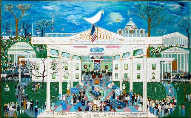 Fasanella's American Heritage, is a painting of a covered outdoor area connected to a building with people socializing outside.