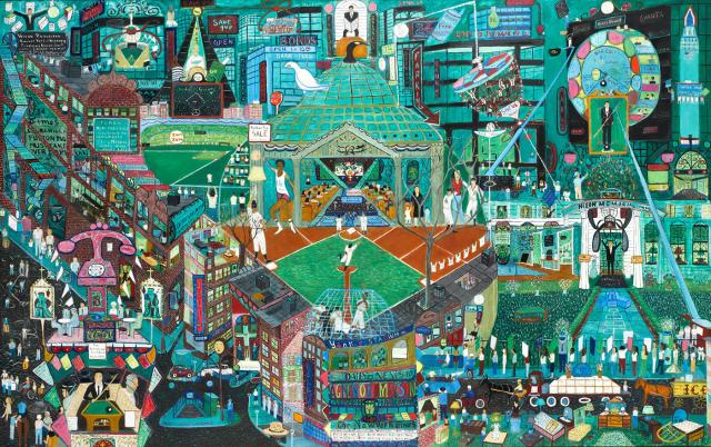 Fasanella's Watergate is a painting of many scenes in a city with a baseball field in the middle.