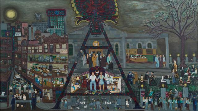 Fasanella's The Rosenberg's: Grey Day, a painting of a city with two people on display inside an interior space.