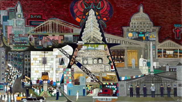 Fasanella's McCarthy Press, a painting with buildings and people in a cityscape.