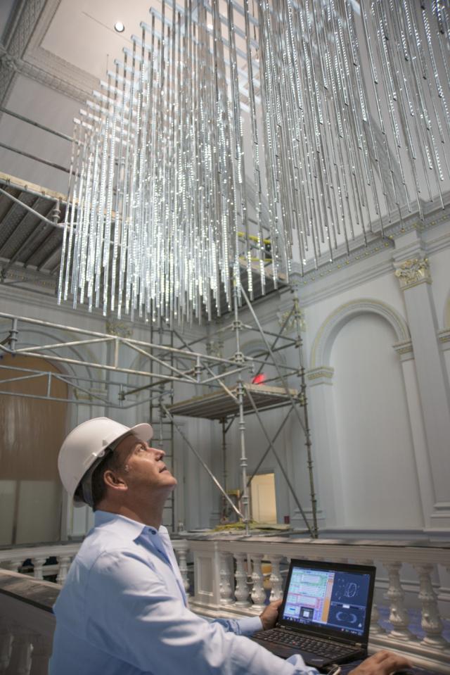 Leo Villareal installing Volume at the Renwick Gallery for WONDER. 