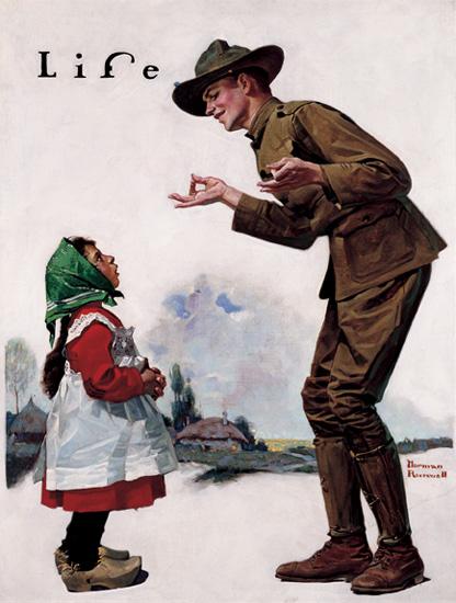 Rockwell's oil on canvas of a grown man talking to a child. 