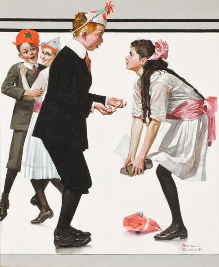 Rockwell's oil on canvas of four children dancing at a party where the boy stepped on the girls toes.