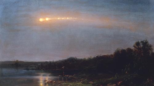 Church's oil on canvas of a meteor in the sky over a wooded area with a body of water. 