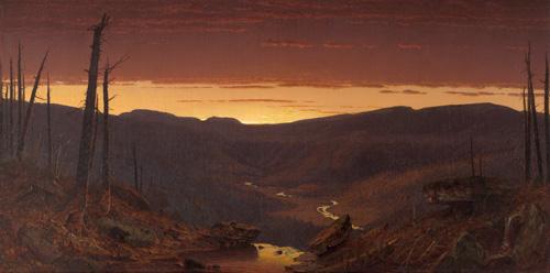 Gifford's oil on canvas of the sun setting in the catskills with trees in the foreground, the valley in the middle ground and the sunset over the mountains in the background. 