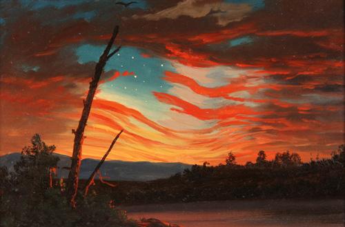Church's oil on paper of the sun setting over a lake with mountains in the background.
