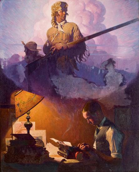 Rockwell's oil on canvas of a man on a typewriter and coming from the page is an image of Daniel Boone.