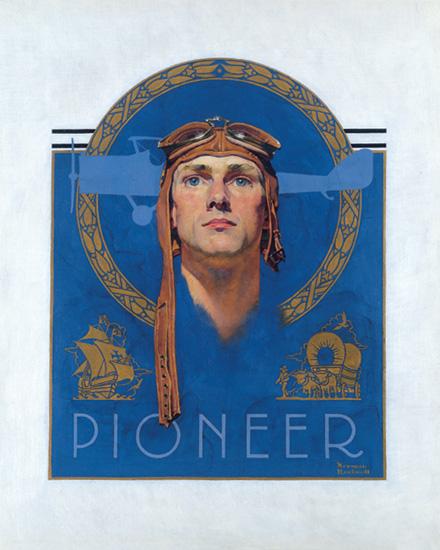 Rockwell's oil on canvas of a portrait of Charles Lindbergh with an airplane painted behind him.