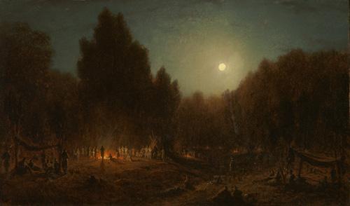 Gifford's oil on canvas of a night scene with a fire in the middle ground and the moon shining in the background.