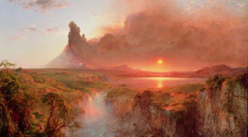 Church's oil on canvas of a landscape with a waterfall in the foreground, a lake in the middle ground, and a beautiful sunset over mountains in the background.