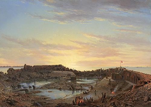 Chapman's oil on board of a fort with men around a fire in the foreground, the fort in the middle ground, and water around the fort in the background. 