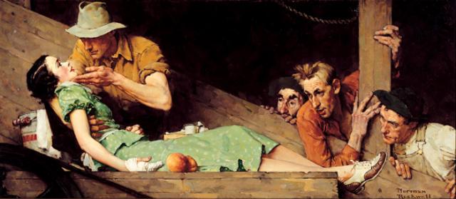 Rockwell's oil on canvas of a woman that's sick and a man taking care of her with three men watching.