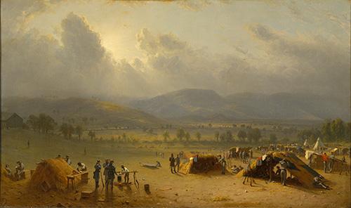 Gifford's oil on canvas of a camp in the landscape with tents in the foreground, trees in the middle ground, and the mountains in the background.