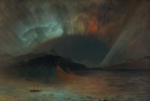 Church's oil on canvas of the Aurora Borealis with mountains in the middle ground and the painted sky in the background.