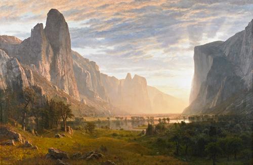 Bierstadt's oil on canvas of Yosemite Valley with greenery in the foreground, the valley in the middle ground and the rock formations in the background.