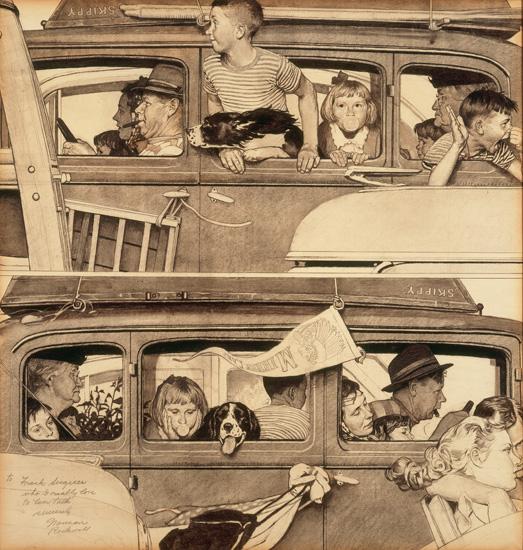 Rockwell's charcoal and pencil on paper of one car in both directions going and coming.