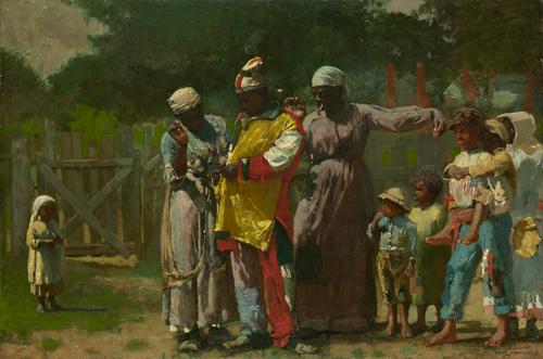 Homer's oil on canvas of women interacting with a man dressed for a carnival.