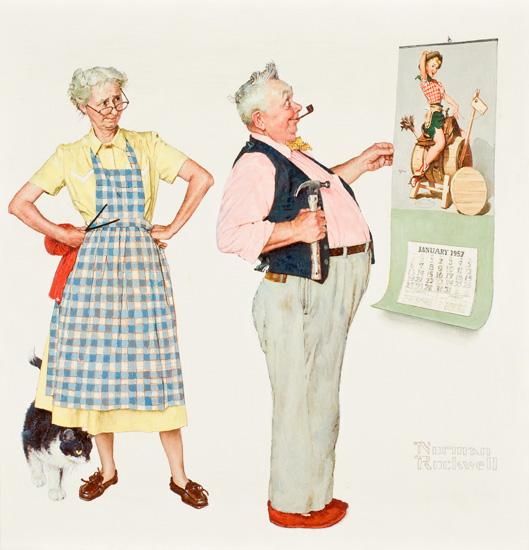 Rockwell's oil on canvas of a man looking at a calendar with his wife scolding him from behind.